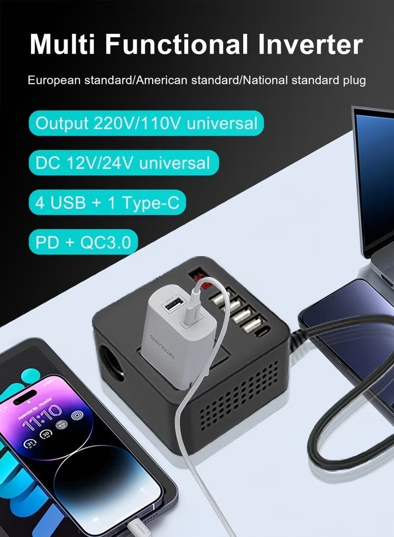 شاحن عاكس طاقة للسيارة بقدرة 150 واط لسيارات 12 فولت/24 فولت، مزود بـ 4 منافذ USB، وشحن سريع PD Type-C، ومقبس AC عالمي دولي، ومحول ولاعة السجائر - Image 5