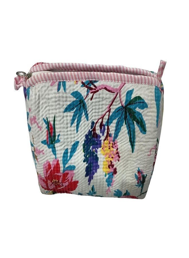 Doraya Hand Block Printed Cotton Quilted Floral Toiletry Bag 3 Piece Combo Set Waterproof Traveller Cosmetic Bags (White 5) - Image 3
