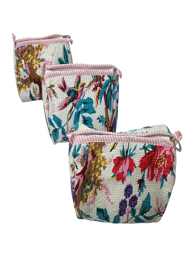 Doraya Hand Block Printed Cotton Quilted Floral Toiletry Bag 3 Piece Combo Set Waterproof Traveller Cosmetic Bags (White 5) - Image 1