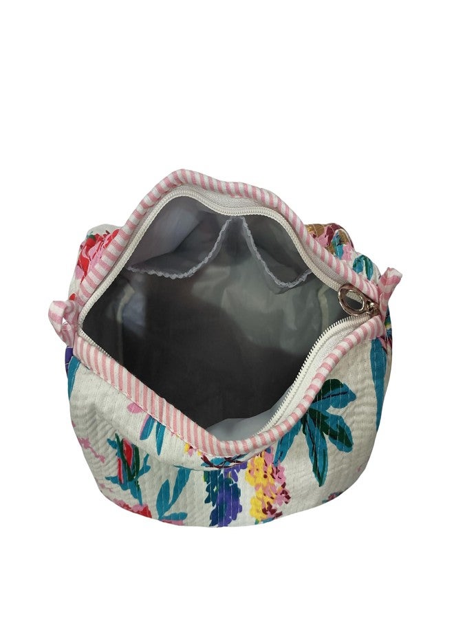 Doraya Hand Block Printed Cotton Quilted Floral Toiletry Bag 3 Piece Combo Set Waterproof Traveller Cosmetic Bags (White 5) - Image 4