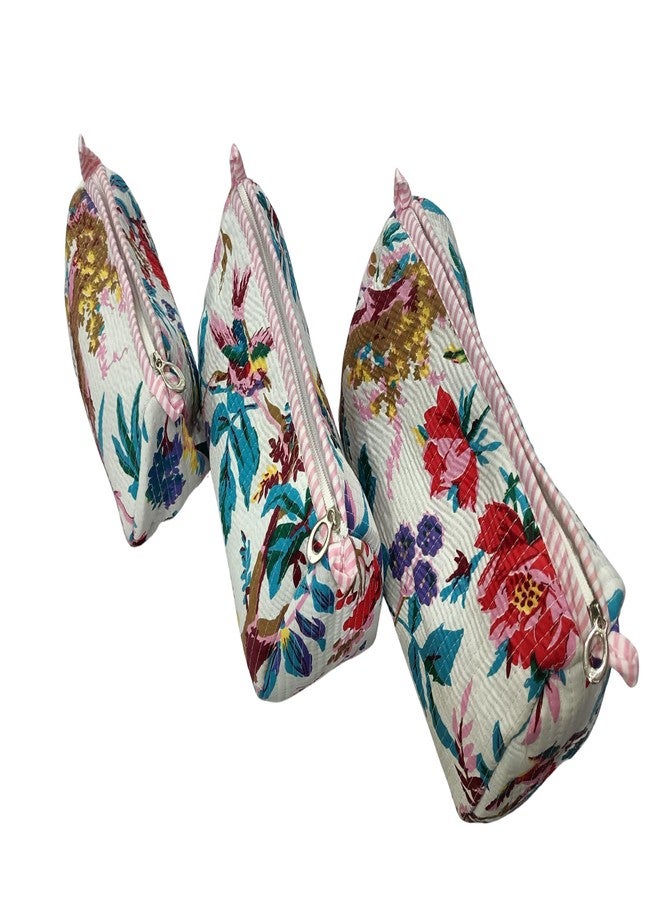 Doraya Hand Block Printed Cotton Quilted Floral Toiletry Bag 3 Piece Combo Set Waterproof Traveller Cosmetic Bags (White 5) - Image 2