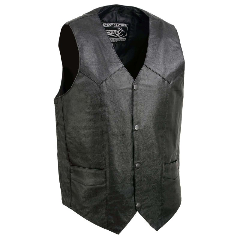 EVENT LEATHER EL1310GO Mens Classic Western Style Snap Button Black Motorcycle Riders Leather Vest Small