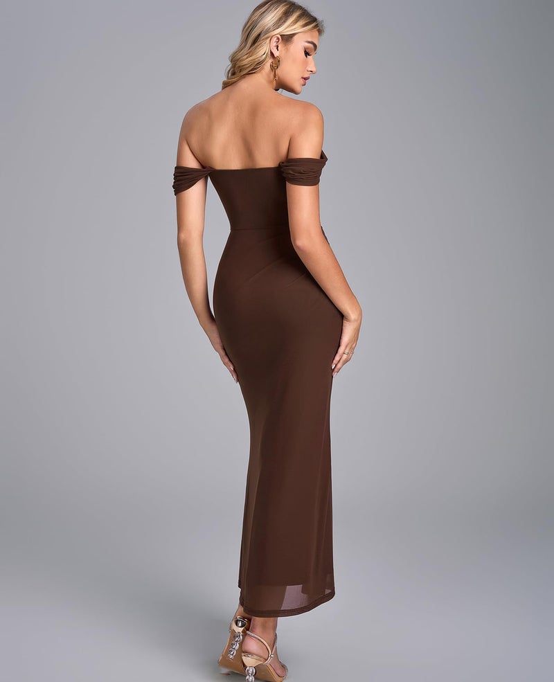 GLNEGE Womens Off the Shoulder Corset Formal Wedding Guest Maxi Dress Ruched Bodycon Long Cocktail Dresses Brown - Image 3