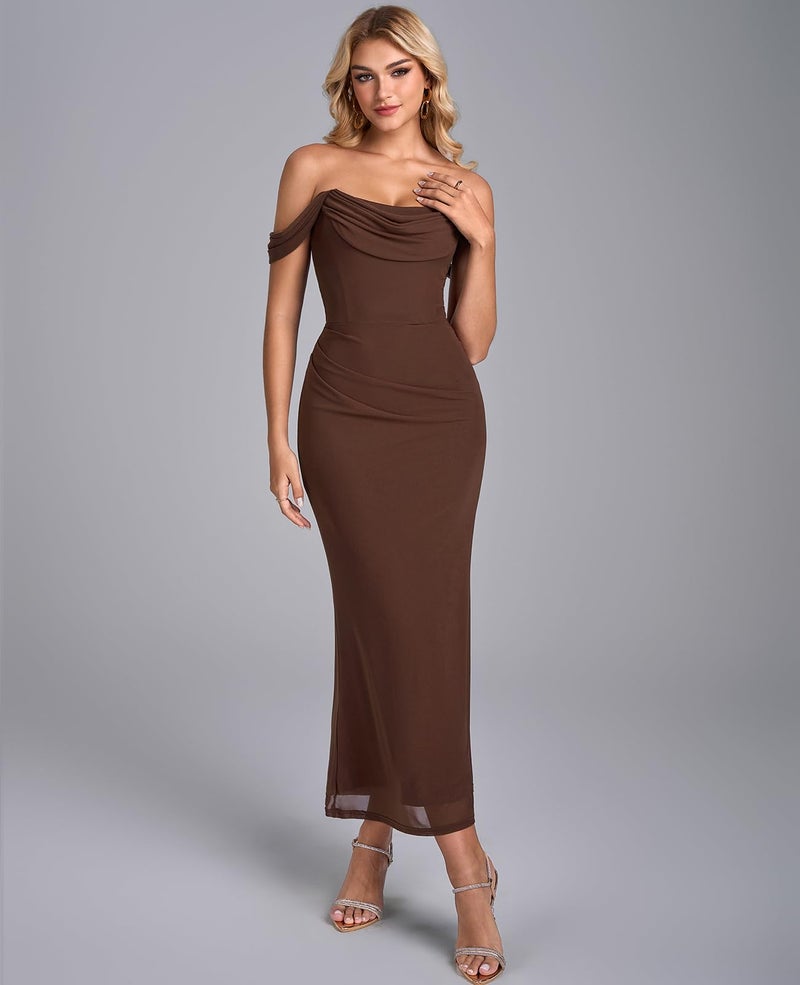 GLNEGE Womens Off the Shoulder Corset Formal Wedding Guest Maxi Dress Ruched Bodycon Long Cocktail Dresses Brown - Image 4