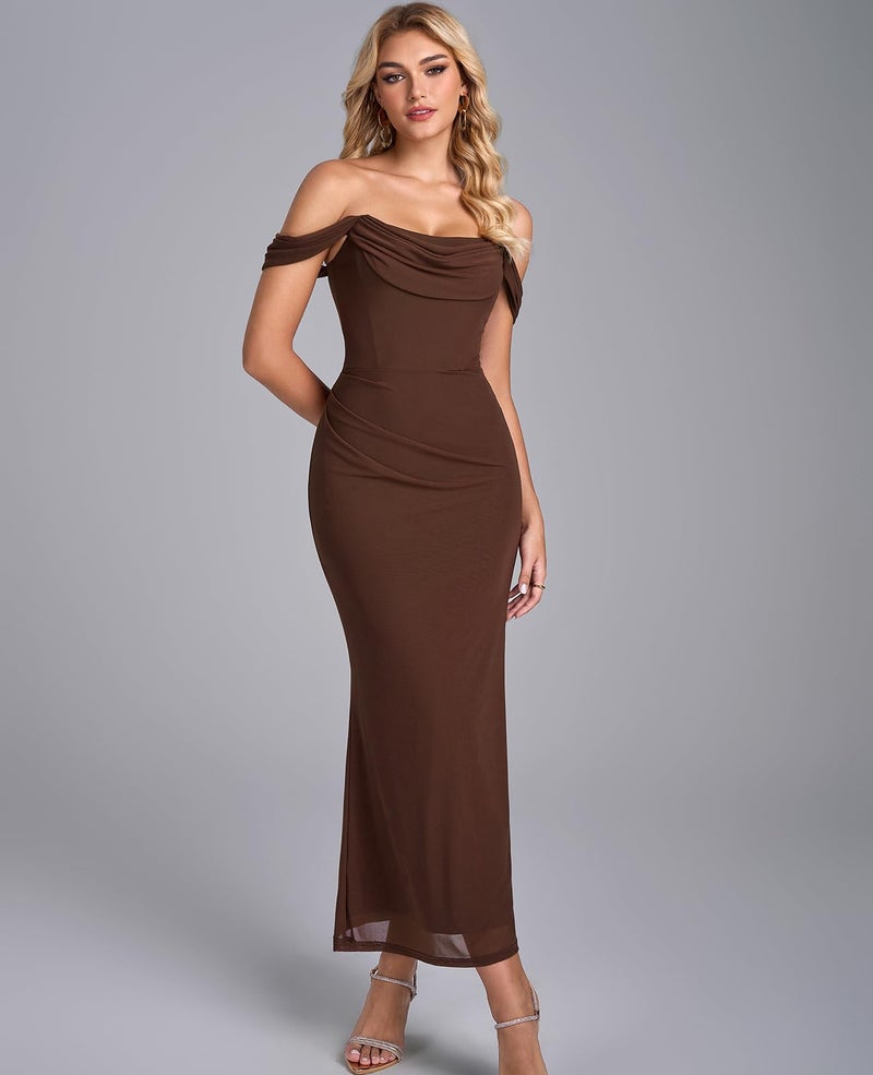 GLNEGE Womens Off the Shoulder Corset Formal Wedding Guest Maxi Dress Ruched Bodycon Long Cocktail Dresses Brown - Image 2