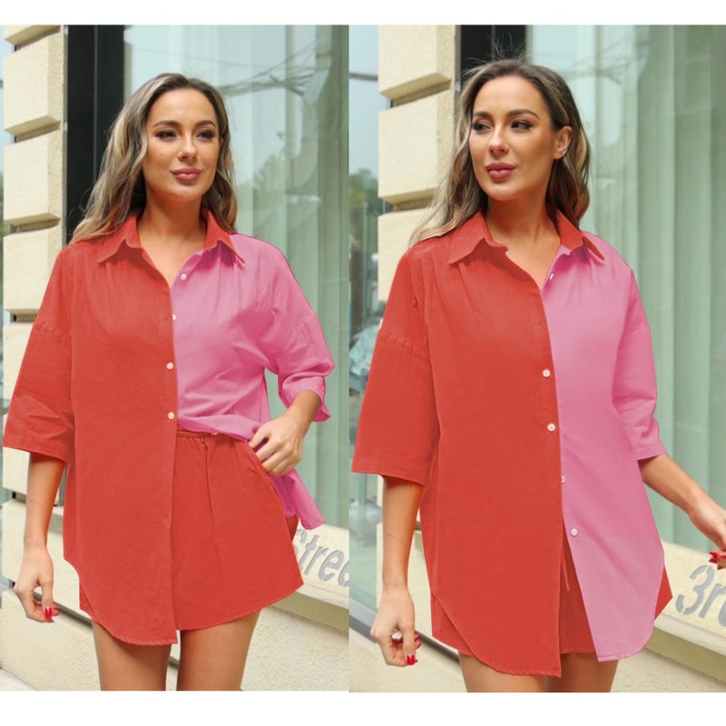 Fixmatti Women 2 Piece Outfit Summer Colorblock Shorts Set Button Down Shirt and Shorts Y2K Streetwear Red S - Image 5