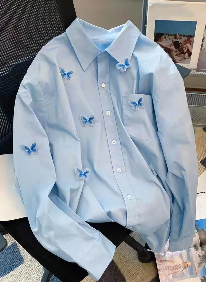 Take Two Blue Solid Butterfly Embroidered Long Sleeve Shirt