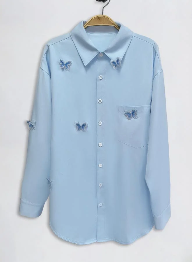 Take Two Blue Solid Butterfly Embroidered Long Sleeve Shirt