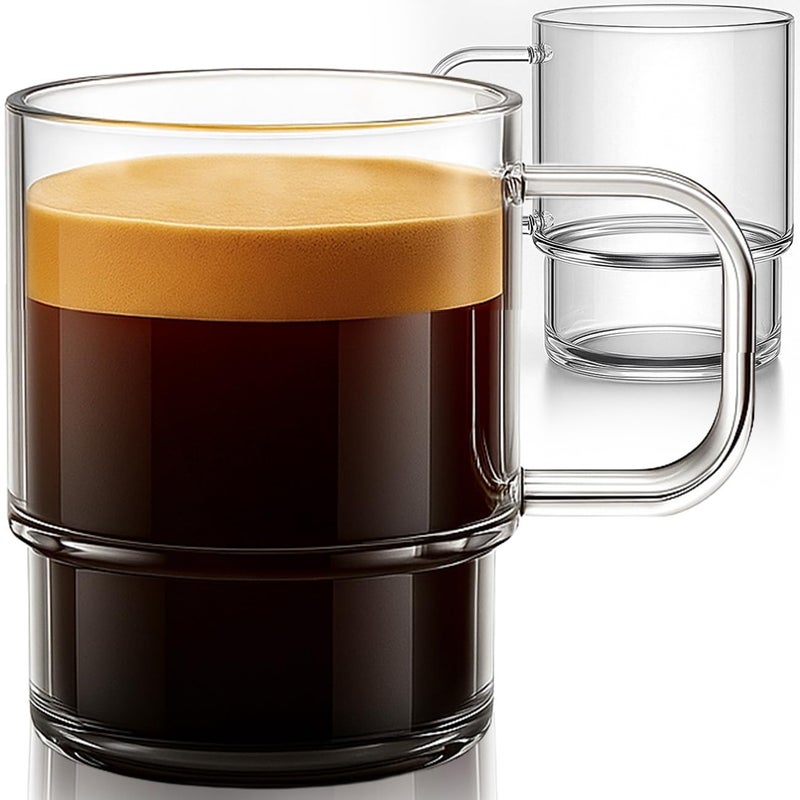 Aquach 18oz Stackable Glass Mugs with Handle, Set of 2 - Large Clear Coffee Cups for Latte, Cappuccino, Mocha, Americano, and Tea - Image 1