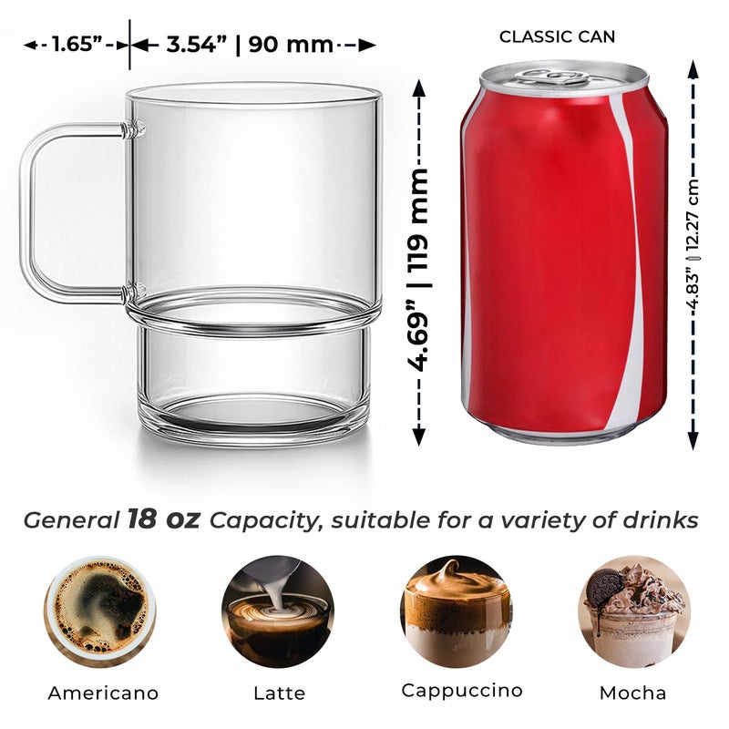 Aquach 18oz Stackable Glass Mugs with Handle, Set of 2 - Large Clear Coffee Cups for Latte, Cappuccino, Mocha, Americano, and Tea - Image 5