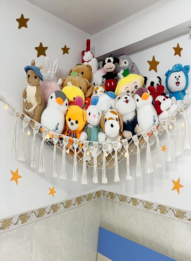 badigo Large Stuffed Animal Net or Hammock, Boho Macrame Toy Hammock with LED Lights, Decorate Room Space Saving Pet Net for Stuffed Animals, Suitable for Nursery, Playroom, Kids Bedroom - Image 1