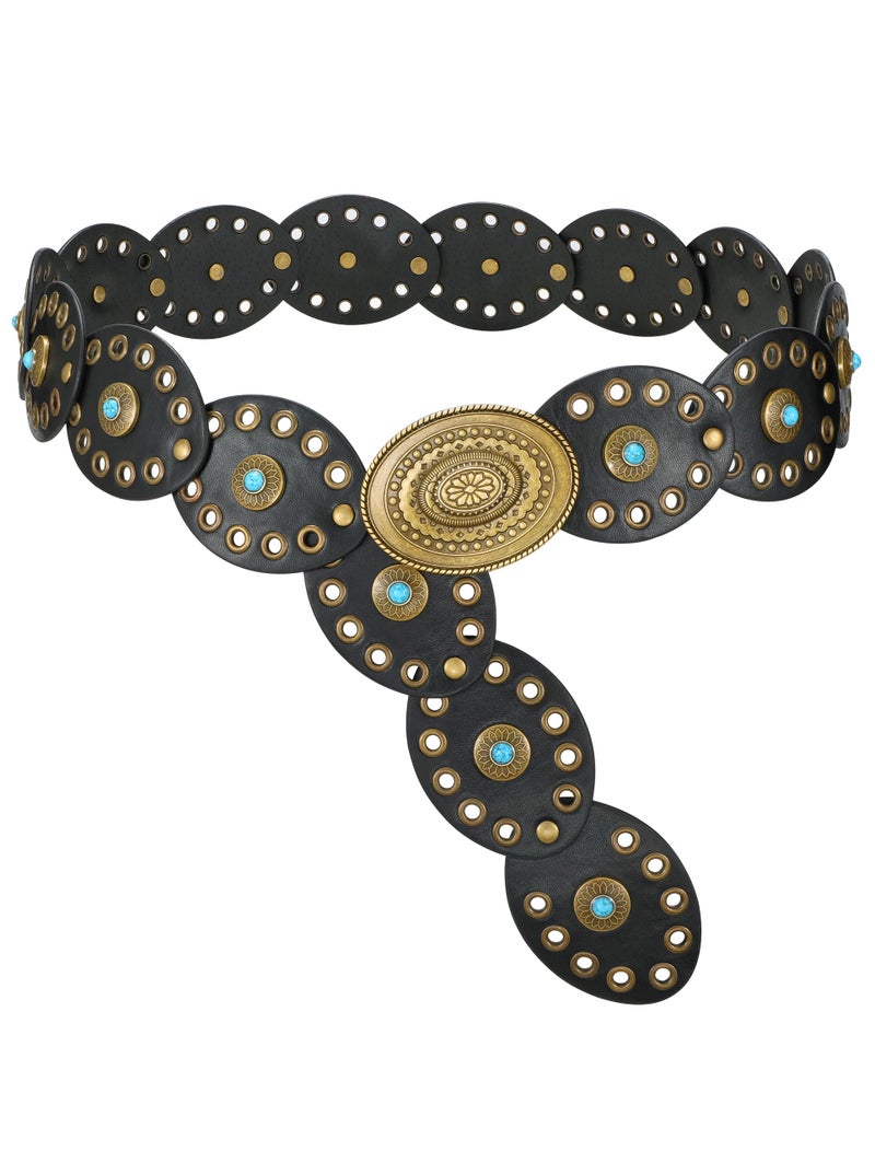 WERFORU Women Western Belts Wide Disc Belt with Turquoise for Dress Cowgirl Country Belts Boho Concho Leather Belt for Concert Outfits,Black - Image 1