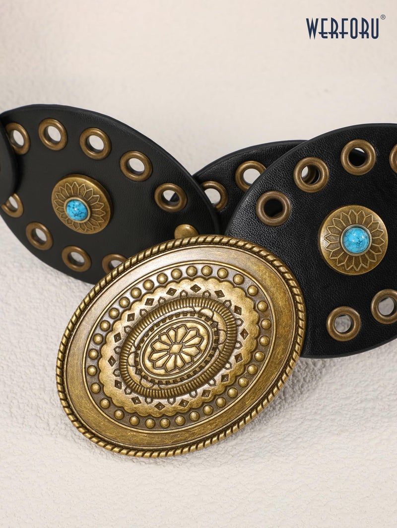 WERFORU Women Western Belts Wide Disc Belt with Turquoise for Dress Cowgirl Country Belts Boho Concho Leather Belt for Concert Outfits,Black - Image 3