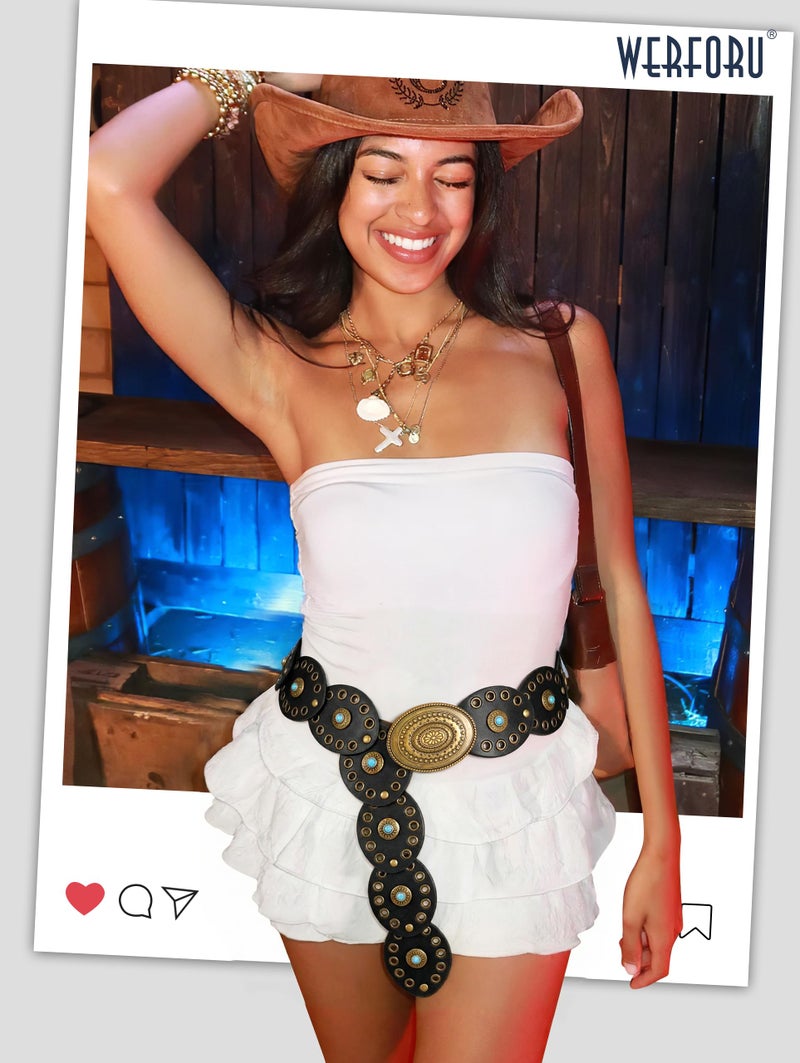 WERFORU Women Western Belts Wide Disc Belt with Turquoise for Dress Cowgirl Country Belts Boho Concho Leather Belt for Concert Outfits,Black - Image 2