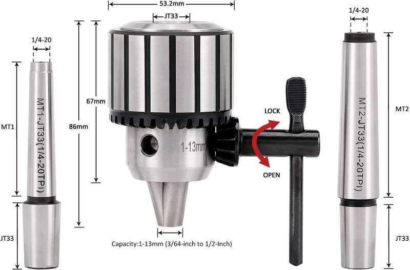 KingTool 4 Pcs Drill Chuck Set - 1/2-Inch Drill Chuck with Chuck Key with #1 (JT33-MT1) and #2 (JT33-MT2) Morse Taper Arbor - Image 2