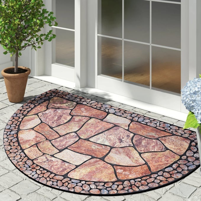 FRONT DOOR MAT OUTDOOR ENTRANCE HEAVY DUTY DOORMAT HALF CIRCLE RUG FOR OUTSIDE ENTRY WELCOME MAT FOR INDOOR HALF ROUND DOOR MATS WITH NON SLIP RUBBER 21 X 33 COBBLE
