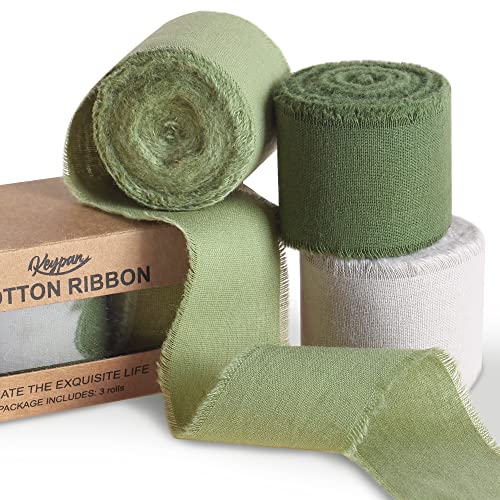 Keypan Green Ribbon 1-1/2 x 15 Yards Handmade Cotton Frayed Fringe Fabric Ribbons for Crafts Flower Bouquets Wedding Baby Shower Home DIY Decor - Image 1