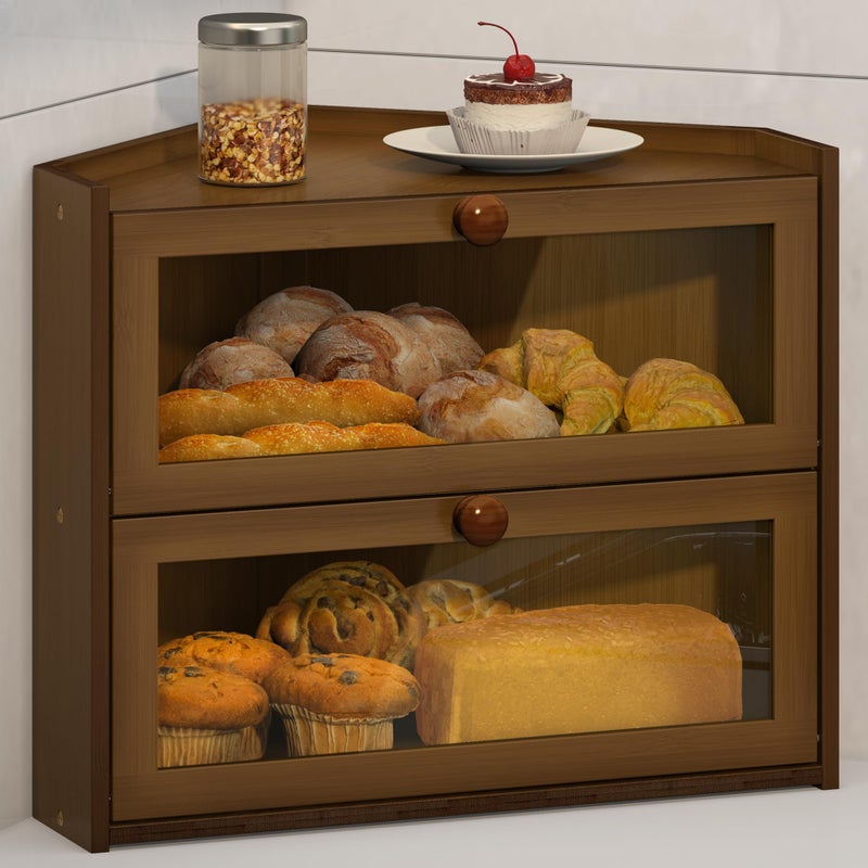 JANSNIMEN Corner Bread Box for Kitchen Countertop, Large Bread Container Storage Bamboo Wooden Farmhouse Bread Box with Window Bread Holder (Brown) - Image 1