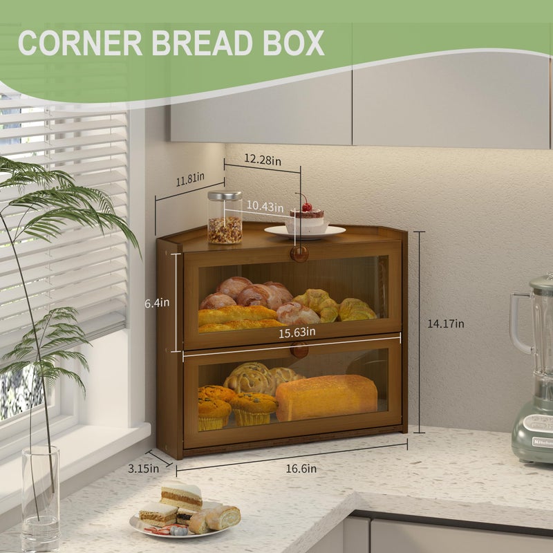 JANSNIMEN Corner Bread Box for Kitchen Countertop, Large Bread Container Storage Bamboo Wooden Farmhouse Bread Box with Window Bread Holder (Brown) - Image 2