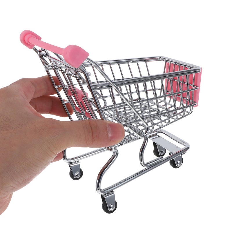 Mini Shopping Cart Toy: Metal Grocery Cart Pretend Play toy with Wheels - Tiny Handcart Basket Grocery Trolley Supermarket Role Play Model for Dollhouse - Image 2