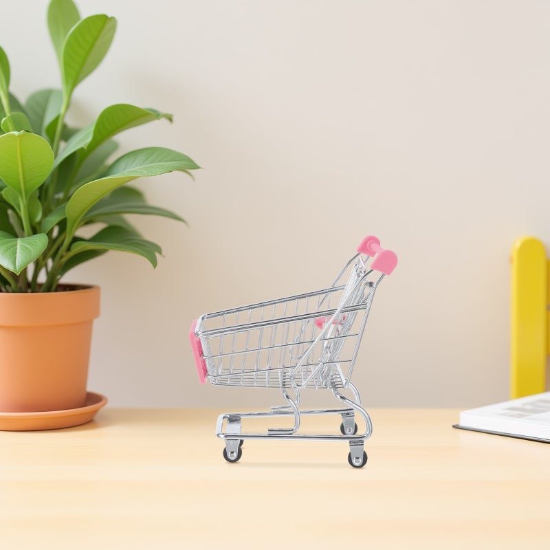 Mini Shopping Cart Toy: Metal Grocery Cart Pretend Play toy with Wheels - Tiny Handcart Basket Grocery Trolley Supermarket Role Play Model for Dollhouse - Image 3