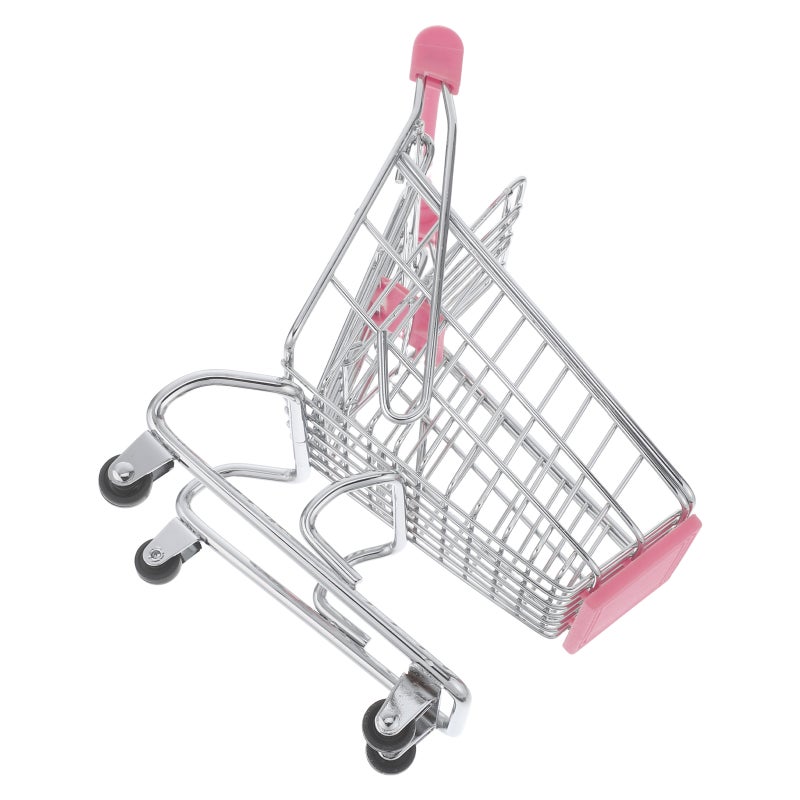 Mini Shopping Cart Toy: Metal Grocery Cart Pretend Play toy with Wheels - Tiny Handcart Basket Grocery Trolley Supermarket Role Play Model for Dollhouse - Image 1