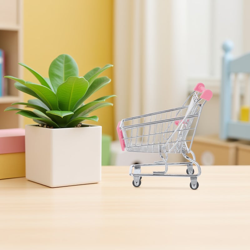 Mini Shopping Cart Toy: Metal Grocery Cart Pretend Play toy with Wheels - Tiny Handcart Basket Grocery Trolley Supermarket Role Play Model for Dollhouse - Image 5