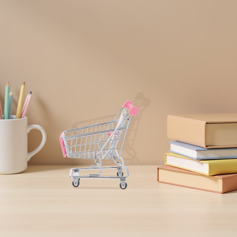 Mini Shopping Cart Toy: Metal Grocery Cart Pretend Play toy with Wheels - Tiny Handcart Basket Grocery Trolley Supermarket Role Play Model for Dollhouse - Image 4