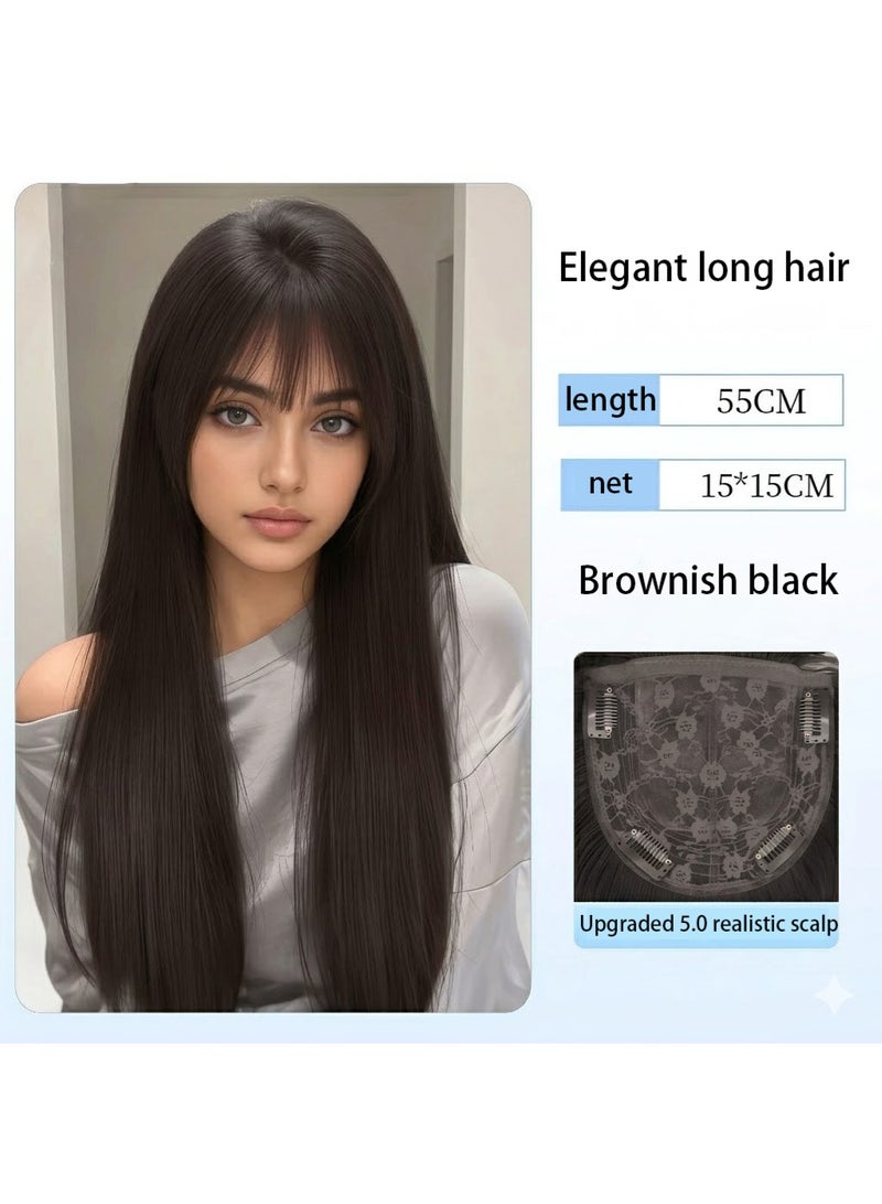 زوريا شعر مستعار بمشابك بطول 22 بوصة بدون شبكة للنساء، شعر صناعي طويل مستقيم بني داكن مع غرة، لا حاجة لشبكة شعر، نصف شعر مستعار واقعي بفروة رأس 15 × 15 سم مع مشابك تثبيت، ألياف غير لامعة مقاومة للحرارة (55 سم) - Image 5