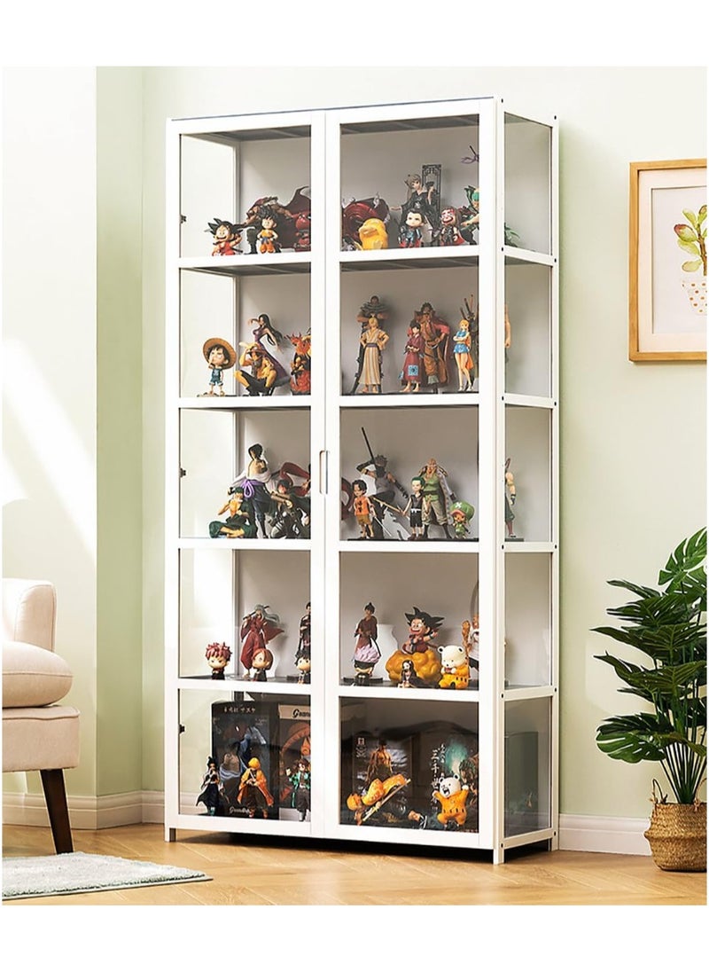 Rubik Display Cabinet with Acrylic Windows Double Doors, Bamboo Bookcase Bookshelf 5 Tier Storage Organizer Shelf for Living Room Office Bedroom - White/Grey  - Image 1