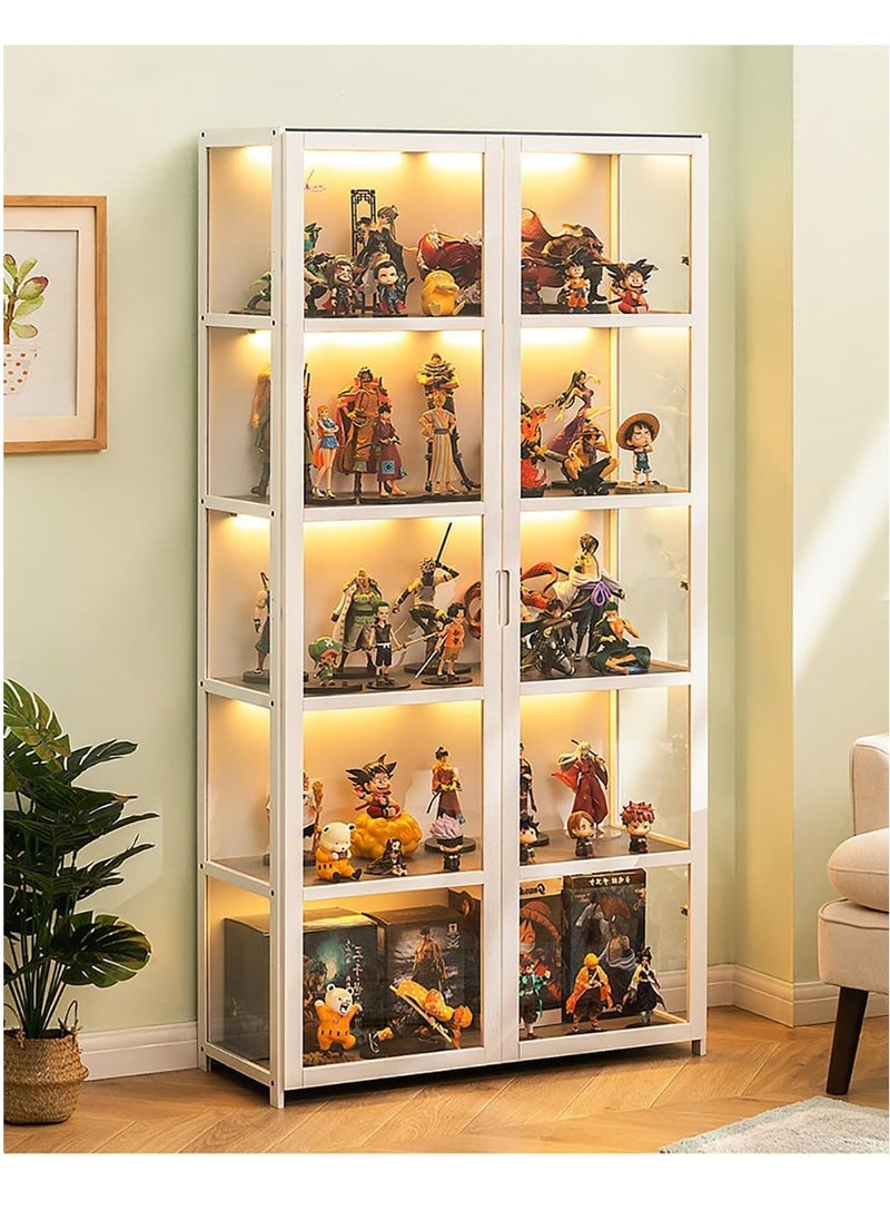 Rubik Display Cabinet with Acrylic Windows Double Doors, Bamboo Bookcase Bookshelf 5 Tier Storage Organizer Shelf for Living Room Office Bedroom - White/Grey  - Image 2