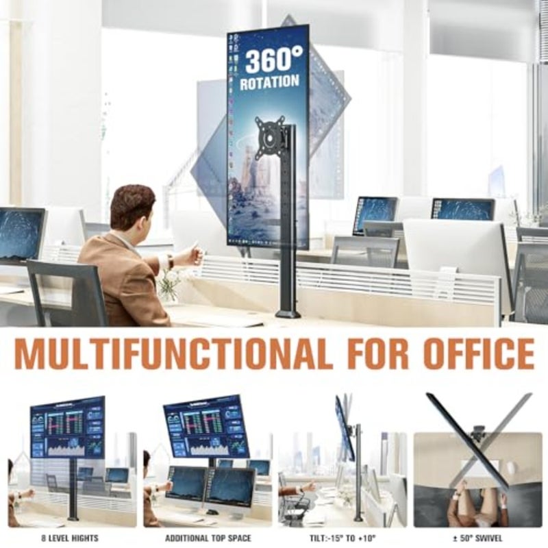 Single Tall Desk Monitor Arm Mount Stand Fit for 27 inch to 43 inch Flat Curved Computer Screen with Swivel, Height Adjustable, Rotation, Holds up to 35kg, Black - Image 3