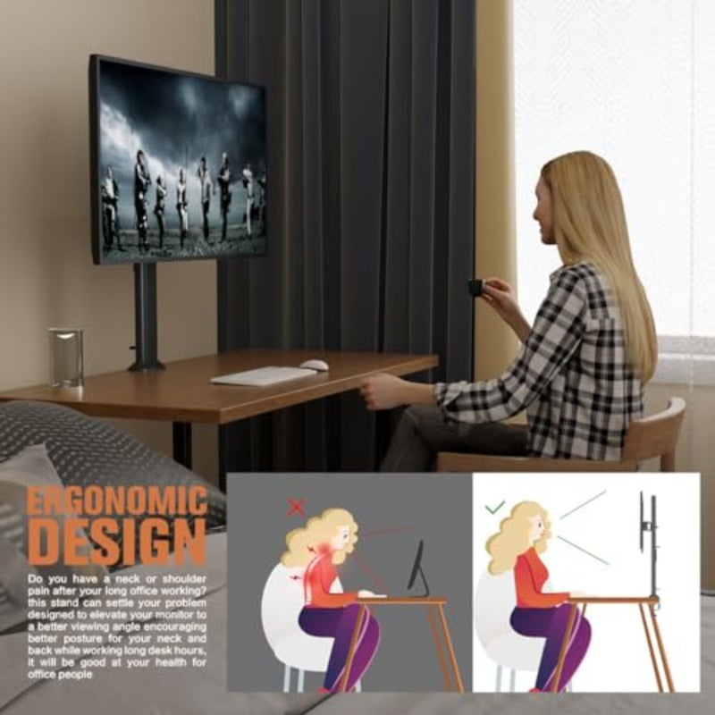 Single Tall Desk Monitor Arm Mount Stand Fit for 27 inch to 43 inch Flat Curved Computer Screen with Swivel, Height Adjustable, Rotation, Holds up to 35kg, Black - Image 5