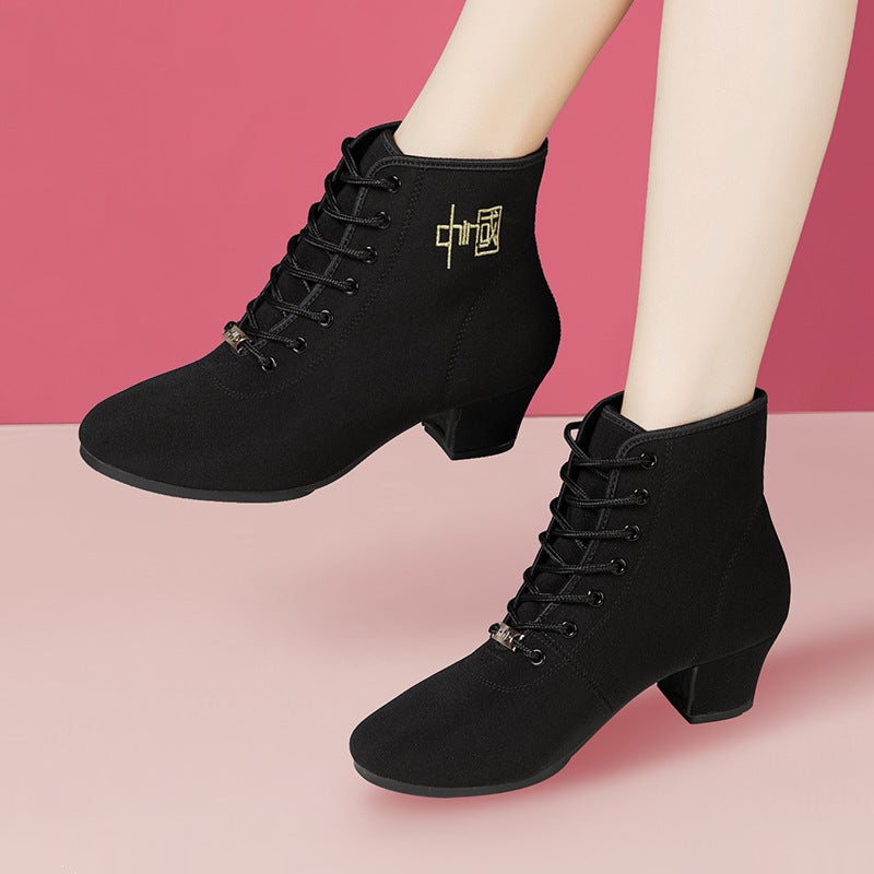 Generic Latin dance shoes adult female mid heel soft bottom teacher body shoes square dance Oxford cloth shoes sailor dance boots autumn and winter Black 3.5cm
