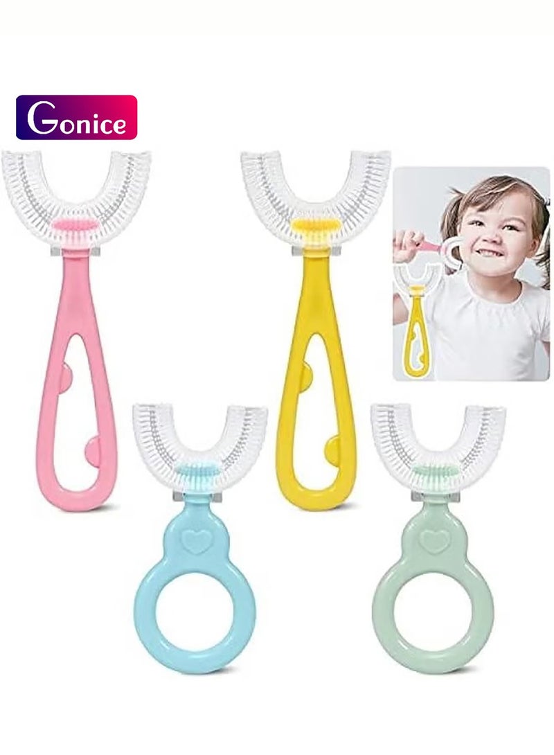 جونيس فرش اسنان على شكل حرف U للاطفال من 4 قطع مع راس فرشاة سيليكون ناعم امن غذائيا ومقبض مانع للانزلاق، تصميم تنظيف اسنان الفم 360 درجة للاطفال الصغار والاطفال من عمر 2-12 سنة، فرشاة اسنان يدوية للتدريب - Image 1