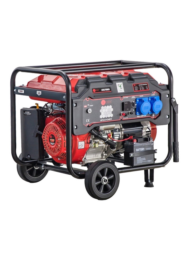 عفرا مولد كهرباء بنزين AFRA بقوة 5500 واط، قدرة تشغيل 5 كيلوواط وخرج أقصى 5.5 كيلوواط، محرك 420 سي سي 4 أشواط، تشغيل كهربائي، مولد نحاسي، عجلات ومقبض، مولد احتياطي قوي، ضمان سنة، AFT-5500PG-B - Image 1