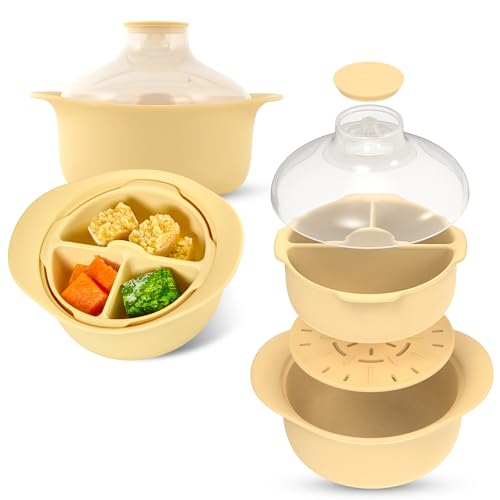 FIRGI 48oz Platinum Silicone 3 Compartmented Microwave Steamer Pot with Handle Lid Korean 100 FoodGrade Steamer Bowl HeatResistant Cooker with Steam Holes Easy Clean Dishwasher Safe Yellow - Image 1
