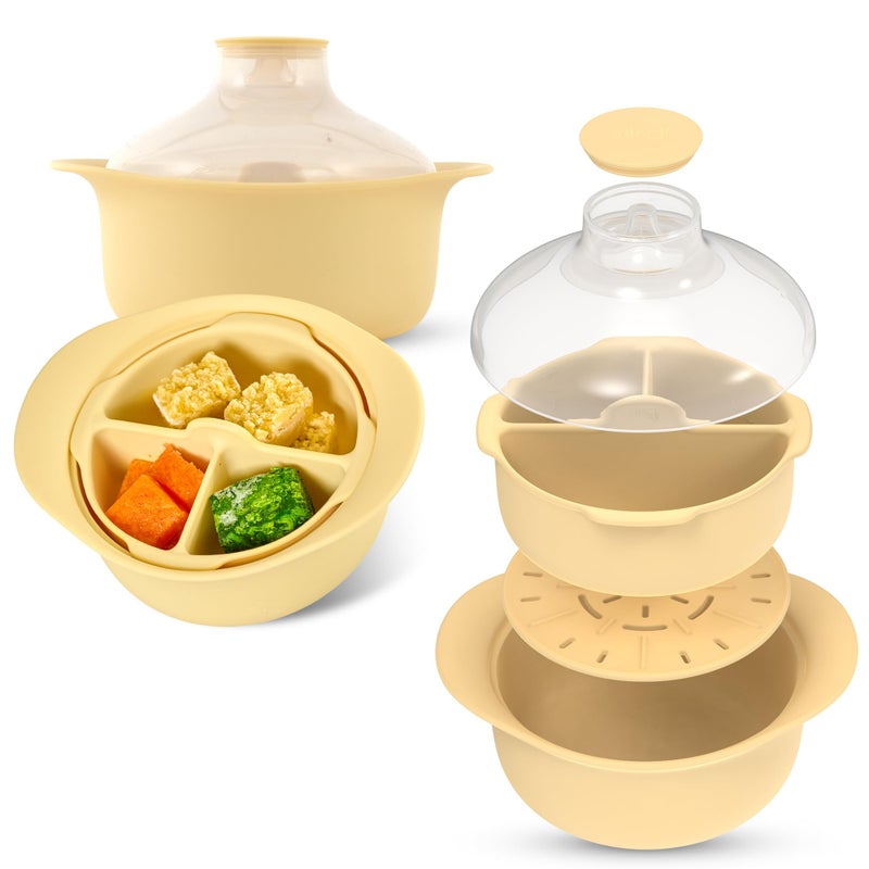 FIRGI 48oz Platinum Silicone 3 Compartmented Microwave Steamer Pot with Handle Lid Korean 100 FoodGrade Steamer Bowl HeatResistant Cooker with Steam Holes Easy Clean Dishwasher Safe Yellow - Image 2