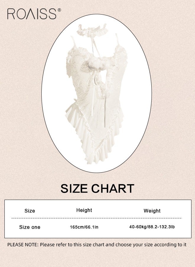 roaiss Girl Onesie Lingerie for Women Lace Edge Mesh V Neck Suspender Pajamas Cute Girly Type Maid Spaghetti Straps Underwear Ladies Loungewear Teddy Babydoll Cosplay Costumes