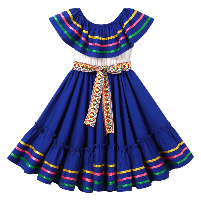 OBEEII Mexican Dress for Girls Cinco De Mayo Fiesta Dress Toddler OffShoulder Mexican Traditional Folk Ruffle Drape Dress with Belt Christmas Holiday Party Dress Royal Blue 910 Years