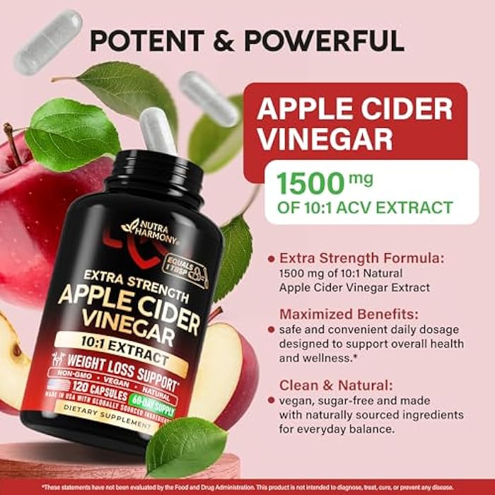 NUTRAHARMONY Apple Cider Vinegar Capsules - 100% Natural Pure ACV - Weight Loss & Energy Support - Extra Strength 10:1 Extract - Alternative to Gummies & Liquid - 3rd Party Lab Tested - 120 Capsules, 60-Day Supply - Image 4
