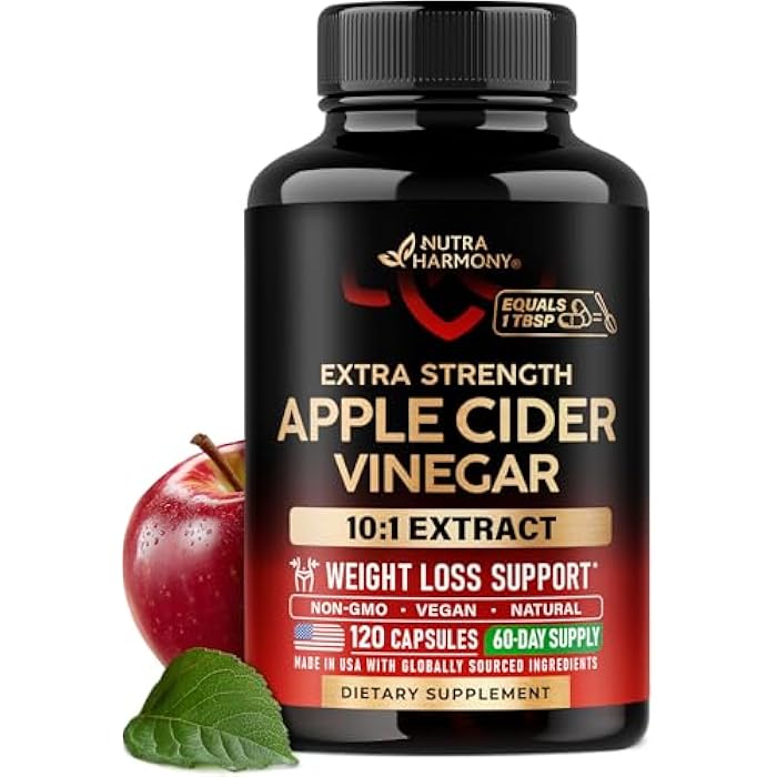 NUTRAHARMONY Apple Cider Vinegar Capsules - 100% Natural Pure ACV - Weight Loss & Energy Support - Extra Strength 10:1 Extract - Alternative to Gummies & Liquid - 3rd Party Lab Tested - 120 Capsules, 60-Day Supply - Image 1