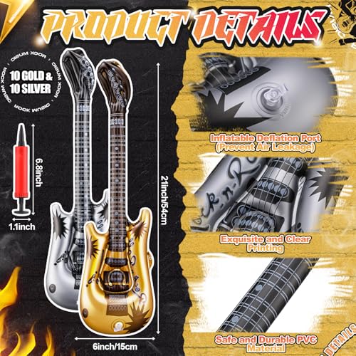 LaRandom 20 Pcs Inflatable Guitars 21 Inch Small Blow up Guitar with Inflator Gold and Silver Rock Instrument for Kids Birthday Rock and Roll Party Decorations Photo Booth Props - Image 5