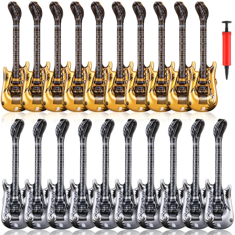 LaRandom 20 Pcs Inflatable Guitars 21 Inch Small Blow up Guitar with Inflator Gold and Silver Rock Instrument for Kids Birthday Rock and Roll Party Decorations Photo Booth Props - Image 3