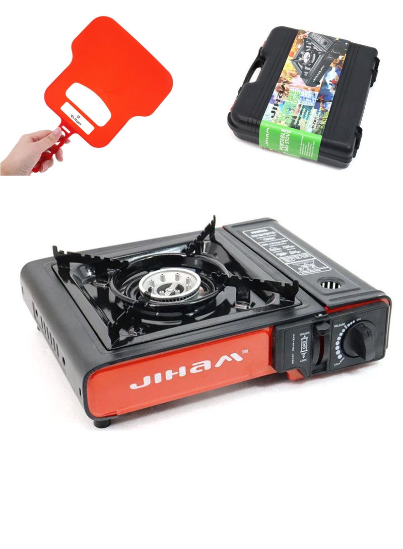 جيهام موقد غاز محمول للتخييم في الهواء الطلق مع حقيبة حمل ومروحة يدوية للشواء ، شعلة واحدة 34 × 25.5 سم - Image 1