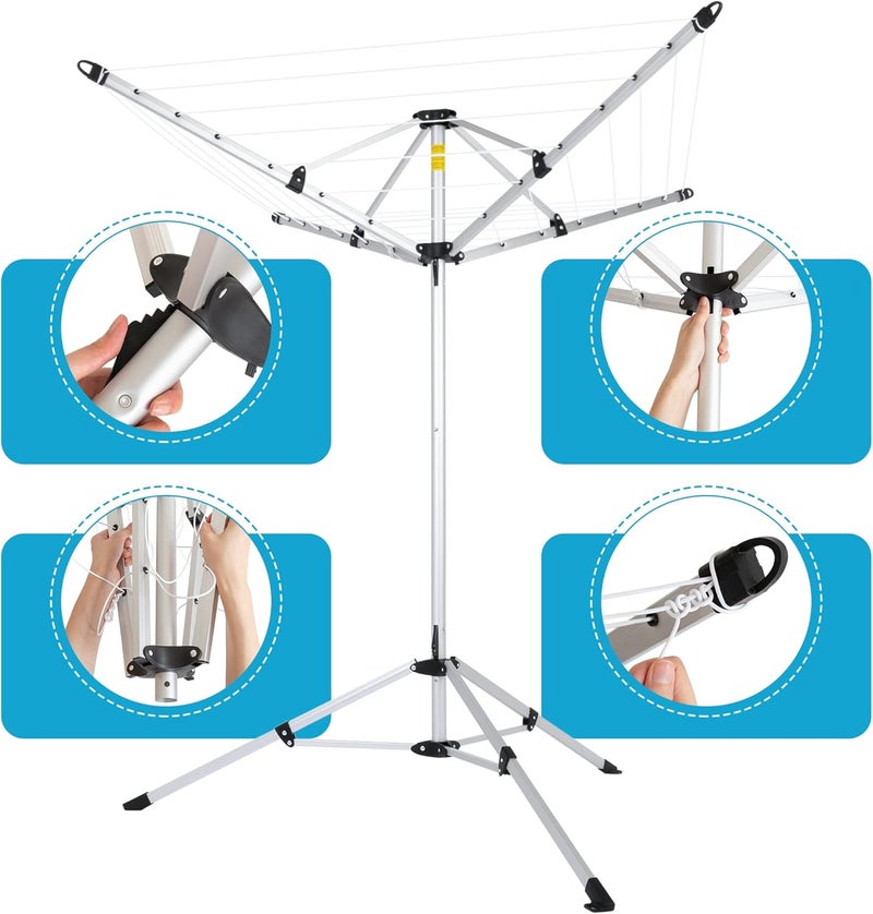 JS HANGER Drying Natural Clothes Airer Outdoor Portable 4-arm Aluminum Drying Rack w/Ground Stake, Carry Bag, 28-Lines with 65 ft. Umbrella Clothesline - Image 5