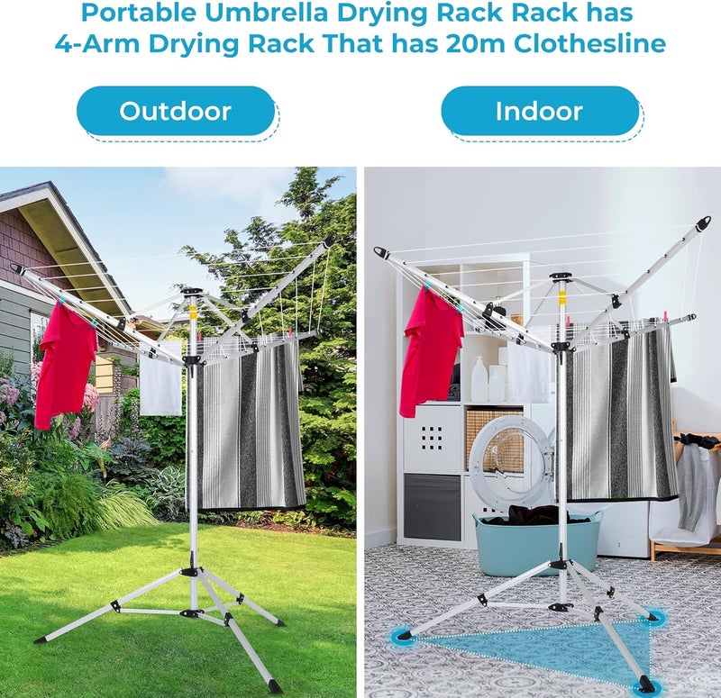 JS HANGER Drying Natural Clothes Airer Outdoor Portable 4-arm Aluminum Drying Rack w/Ground Stake, Carry Bag, 28-Lines with 65 ft. Umbrella Clothesline - Image 2