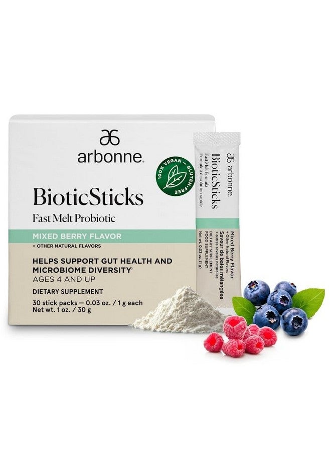 Arbonne BioticSticks Fast Melt Probiotic for Gut Health - Probiotics for Women, Men, and Kids - Gut Health Supplement - Vegan, Gluten-Free, Non-GMO - Mixed Berry Flavor - 30 Stick Packs - Image 1