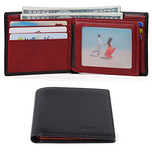VISOUL Mens Bifold Wallet with 2 ID Windows and 2 Money Compartments, Genuine Leather Designer Wallet with RFID Blocking for Men Two Tone (Black and Burgundy) - Image 2