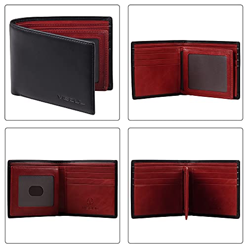 VISOUL Mens Bifold Wallet with 2 ID Windows and 2 Money Compartments, Genuine Leather Designer Wallet with RFID Blocking for Men Two Tone (Black and Burgundy) - Image 3